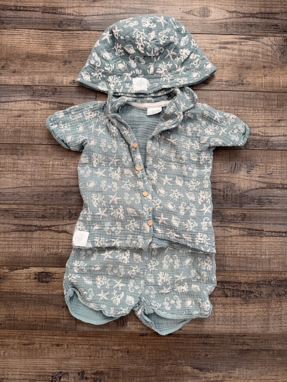Baby Muslin Romper with Hood - Seafoam Green & White Shell Print